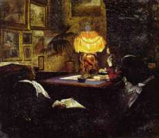 Interiør ved lampelys med to unge damer.