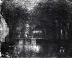 Kanalparti ved de Heegaardske Fabrikker. Frederiksværk. Aften. Lysene inde i bygningerne ses igennem vinduerne.