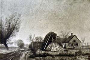 Gård ved Arrenakke. Sent efterår. Gråvejr.