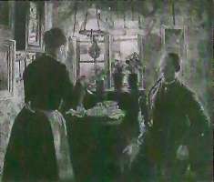 Interiør med en kone, der skænker kaffe for en piberygende mand.