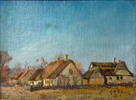 Vinterdag ved Auderød. Stråtækte huse. Høj blå himmel.