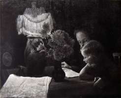 Vinteraften hjemme. Mor viser billeder.