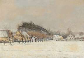 Vej fra Frederiksværk til Torup. Snelandskab med gamle, gule huse. 