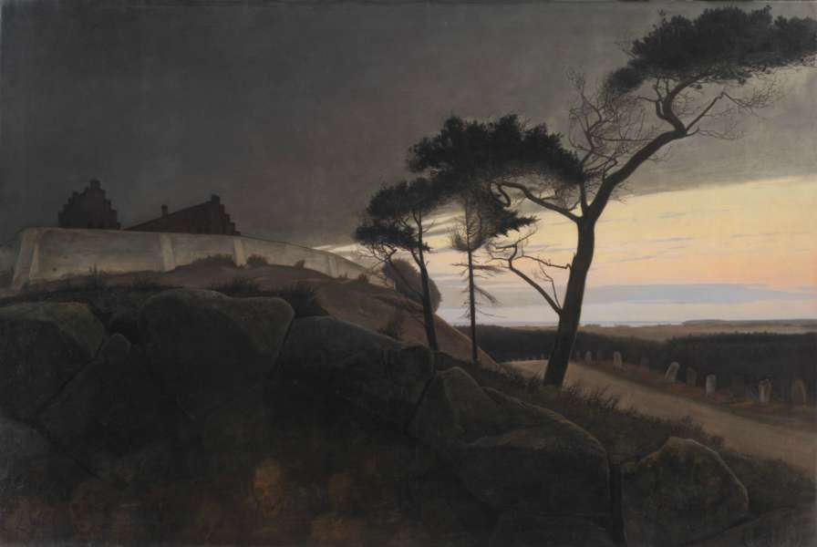 Efter solnedgang. ”Nu skrider Dagen under, og Natten vælder ud”.