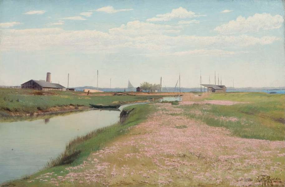 Åen og havnen ved Frederiksværk. Master og sejl på småskibe ses i baggrunden.